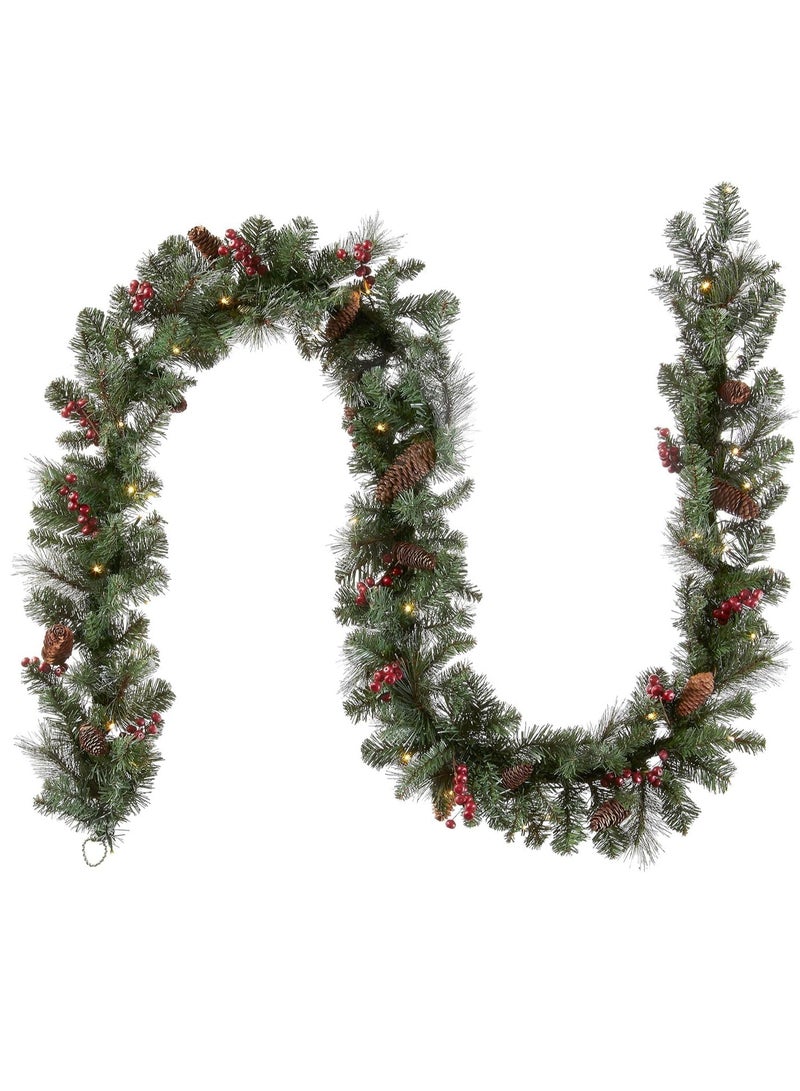 2.7Meters Artificial Garland with 50 LED Lights Red Berry Pinecone Garland Lights Battery Operated Holiday Decoration Christmas (B) - Image 1