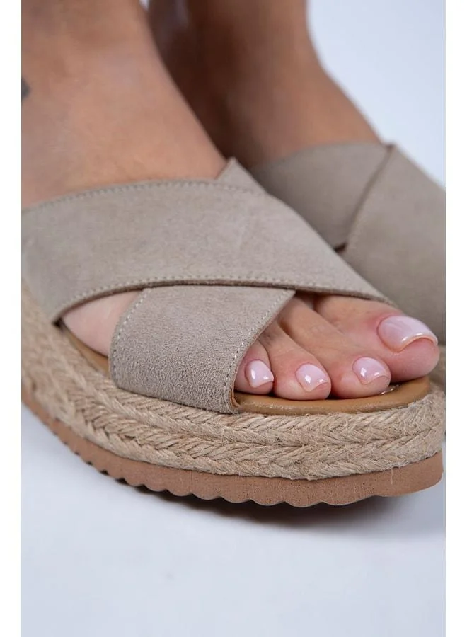 Manijero  Tegan Women's Genuine Leather Double-Band Cross Sandal in Beige Suede. for Women | Best Price UAE
