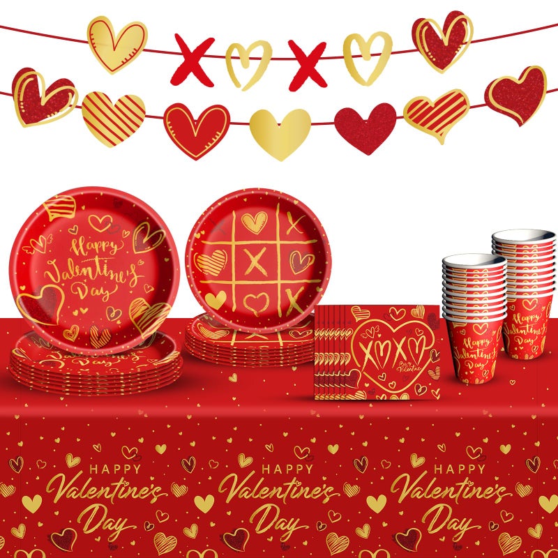 Baolaiballoon Valentines Day Party Supplies Tableware Set Red Heart Love Paper Plates Napkins Cups Tablecloth Banner for Valentines Day Party Decorations Serves 24 - Image 3