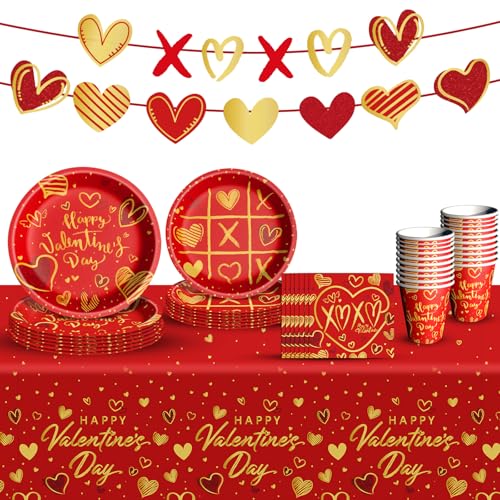 Baolaiballoon Valentines Day Party Supplies Tableware Set Red Heart Love Paper Plates Napkins Cups Tablecloth Banner for Valentines Day Party Decorations Serves 24 - Image 1