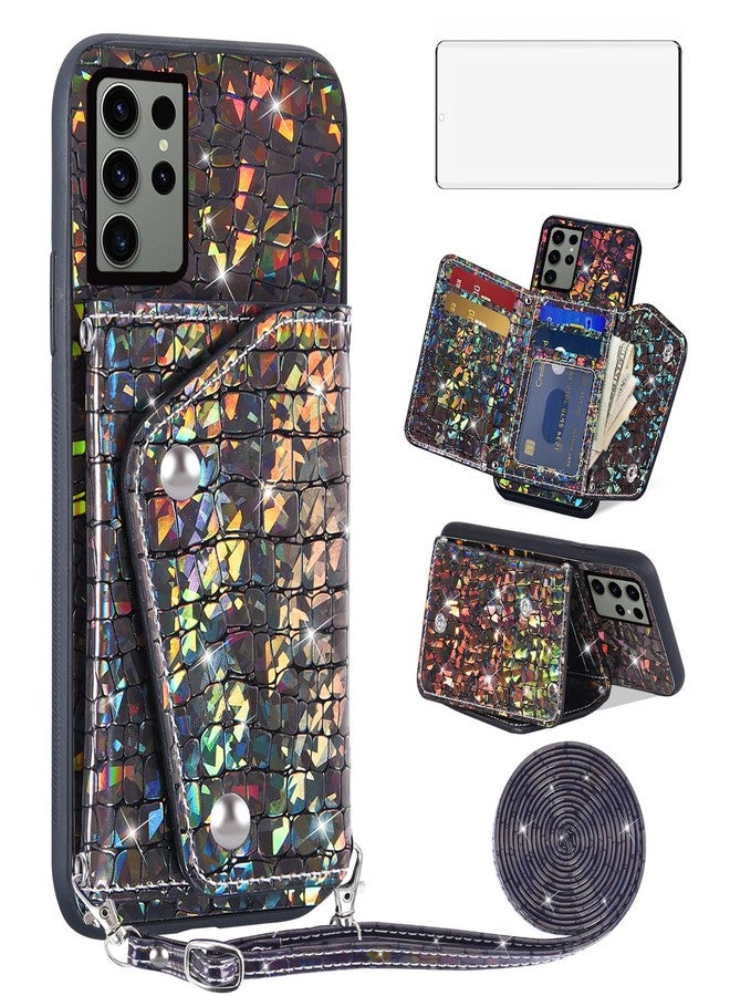 Asuwish Phone Case for Samsung Galaxy S23 Ultra 5G Wallet Cover with Screen Protector and Card Holder Stand Leather Bling Glitter Cell Accessories S23Ultra 23S S 23 23Ultra 6.8 inch Women Men Black - Image 1