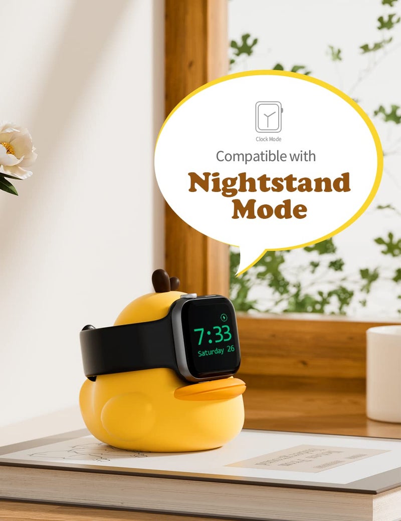 ELETIUO Charger Stand Compatible with Apple Watch Series 49/46/45/44/42/41/40/38mm iWatch Ultra2/Ultra/10/9/8/SE2/7/6/SE/5/4/3/2/1,Cute Duck Silicone Dock,Supports Night Stand Mode,Yellow - Image 4