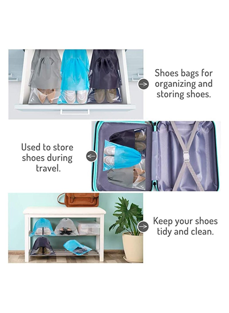 Y&D Portable Travel Shoe Bag, 15 Pieces Large Repeatable Non-Woven Dustproof Drawstring Shoes Pouch Storage Bags with Transparent Slot and Visual Window for Men Women by KASTWAVE (Gray, Blue, Black)  - Image 3