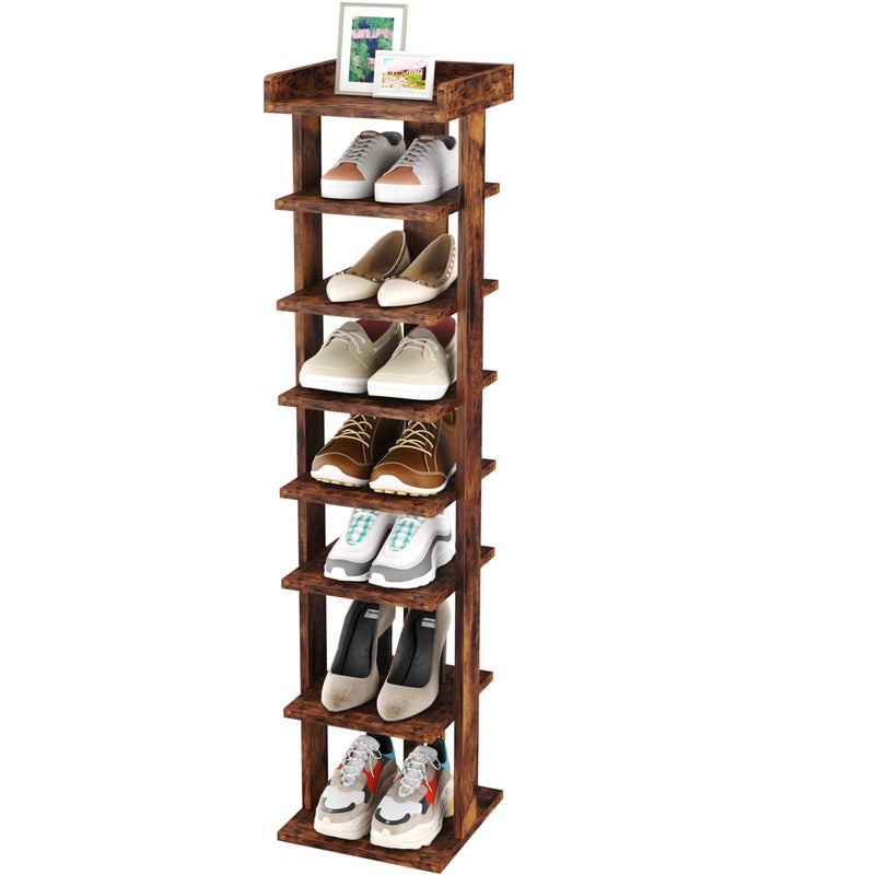 HOME BI 7Tier Narrow Shoe RackCorner Shoe Tower Slim Shoe Organizer Wooden Shoe Storage Stand for Entryway Hallway Closet Rustic Brown