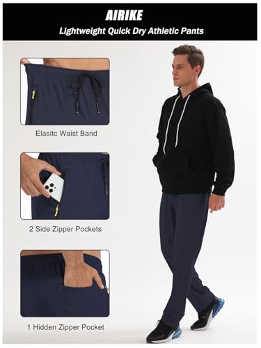 AIRIKE Men's Elastic Waist Hiking Pants Water Resistant Quick-Dry Lightweight Outdoor Sweatpants with Zipper Pockets Darkblue - Image 3
