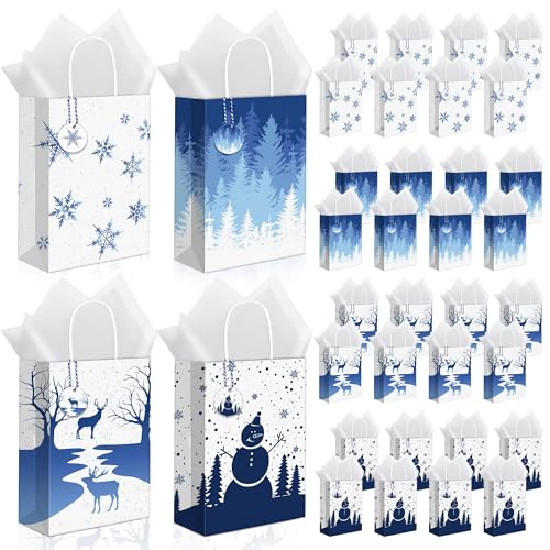 MIMIND 36 Pieces Christmas Snowflake Gift Bags White Winter Party Paper Bags with 40 Tissue 36 Gift Tags and String Xmas Treat Bag with Handle for Christmas Winter Holiday Gift 4 Design - Image 1