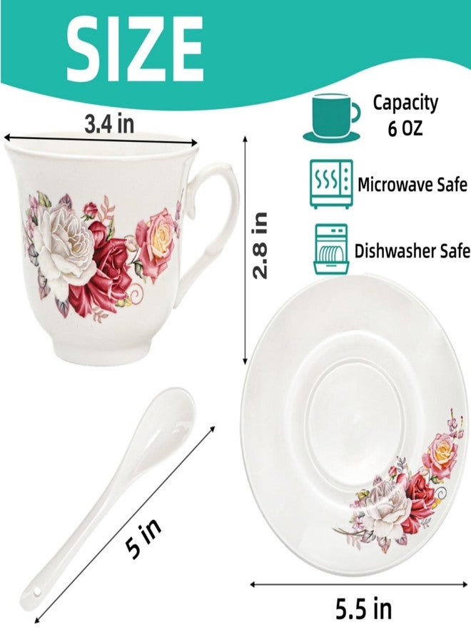 WRINGKIT 18 Pack Tea Cups and Saucers, Floral Tea Cups Set of 6, Porcelain Tea Set with Gold Trim, 7.8 Oz Coffee Cups with Spoon, Tea Sets for Double Espresso, Latte, Cafe Mocha - Image 2