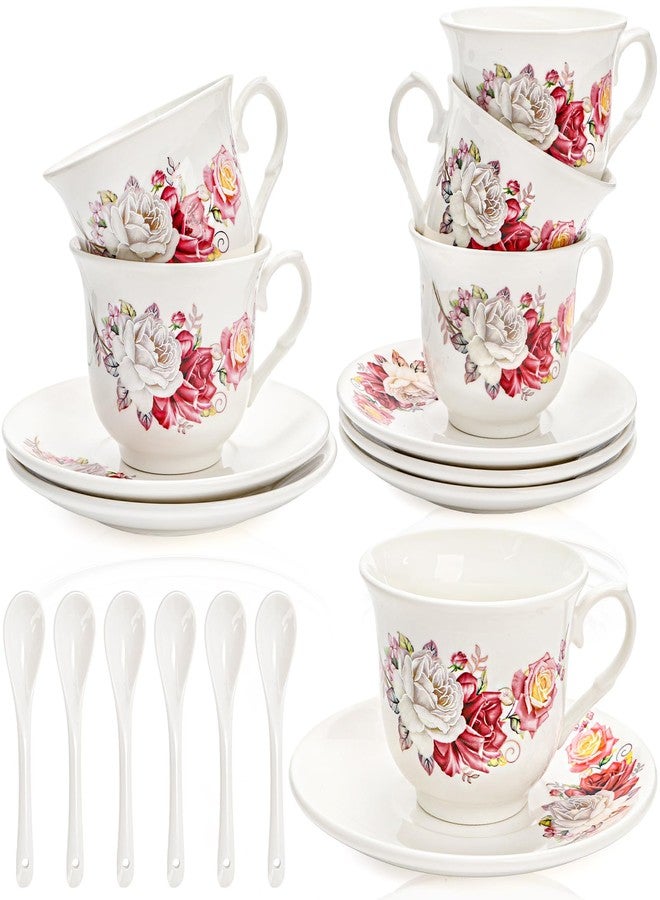 WRINGKIT 18 Pack Tea Cups and Saucers, Floral Tea Cups Set of 6, Porcelain Tea Set with Gold Trim, 7.8 Oz Coffee Cups with Spoon, Tea Sets for Double Espresso, Latte, Cafe Mocha - Image 1