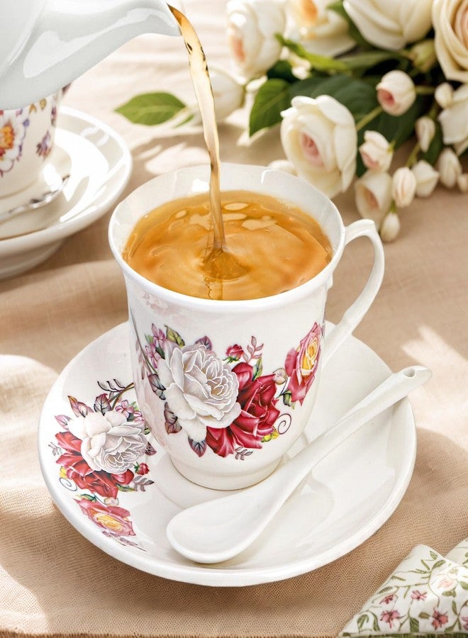 WRINGKIT 18 Pack Tea Cups and Saucers, Floral Tea Cups Set of 6, Porcelain Tea Set with Gold Trim, 7.8 Oz Coffee Cups with Spoon, Tea Sets for Double Espresso, Latte, Cafe Mocha - Image 3