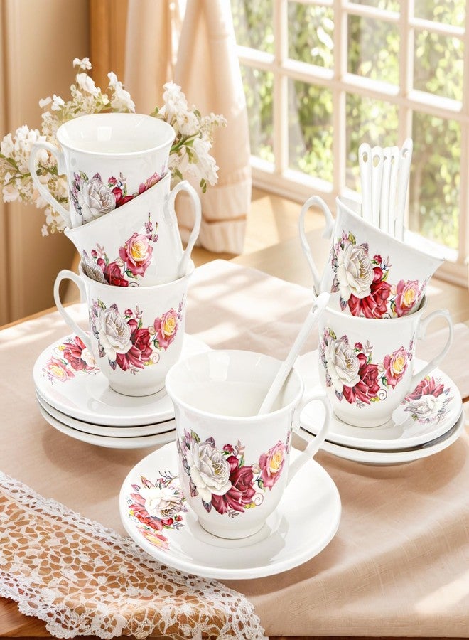 WRINGKIT 18 Pack Tea Cups and Saucers, Floral Tea Cups Set of 6, Porcelain Tea Set with Gold Trim, 7.8 Oz Coffee Cups with Spoon, Tea Sets for Double Espresso, Latte, Cafe Mocha - Image 4