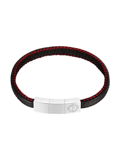 بوليس Intertwined Black Leather Red Stitch With Stainless Steel Logo Bracelet for Men