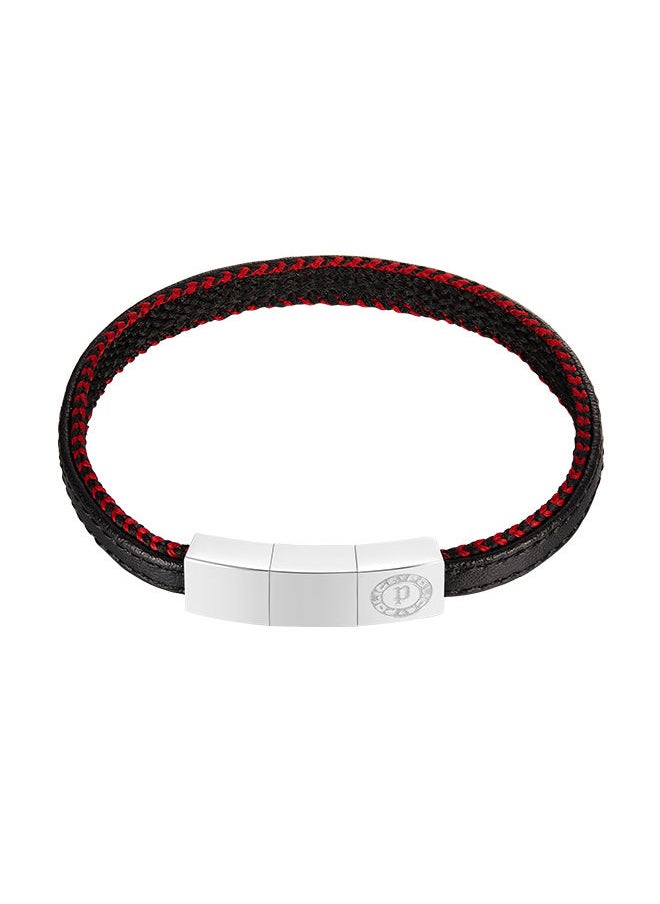POLICE Intertwined Black Leather Red Stitch With Stainless Steel Logo Bracelet for Men  - Image 1