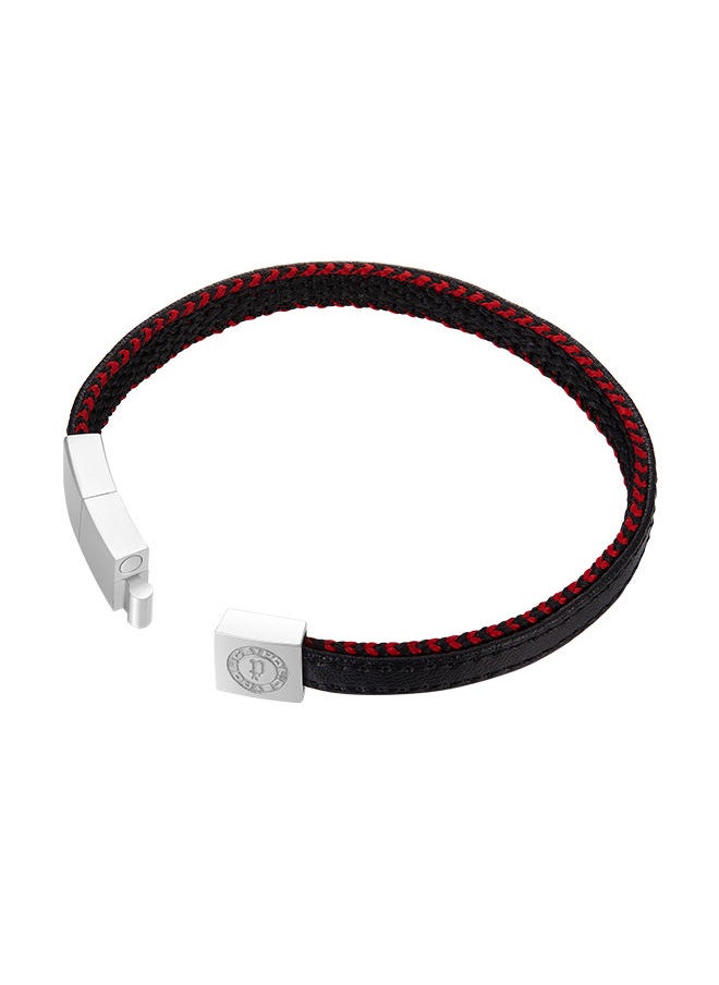 POLICE Intertwined Black Leather Red Stitch With Stainless Steel Logo Bracelet for Men  - Image 3