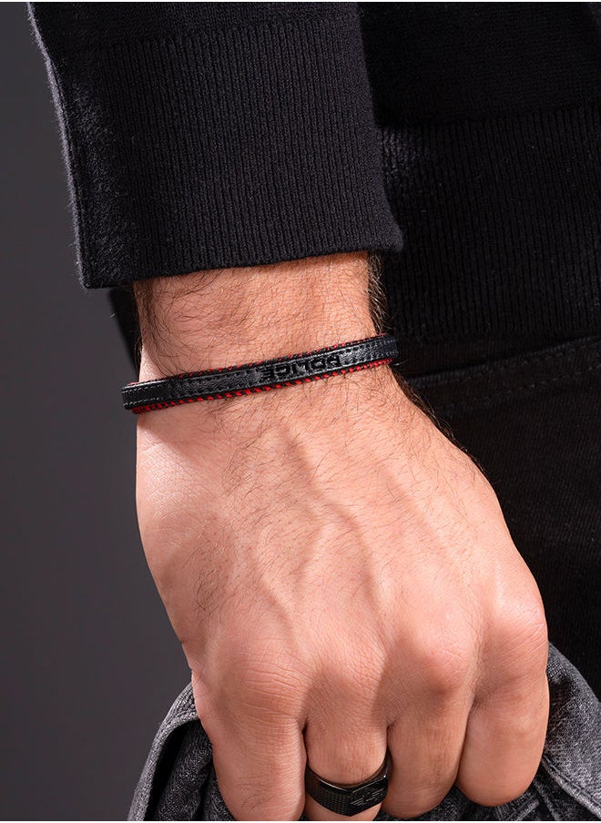 POLICE Intertwined Black Leather Red Stitch With Stainless Steel Logo Bracelet for Men  - Image 4