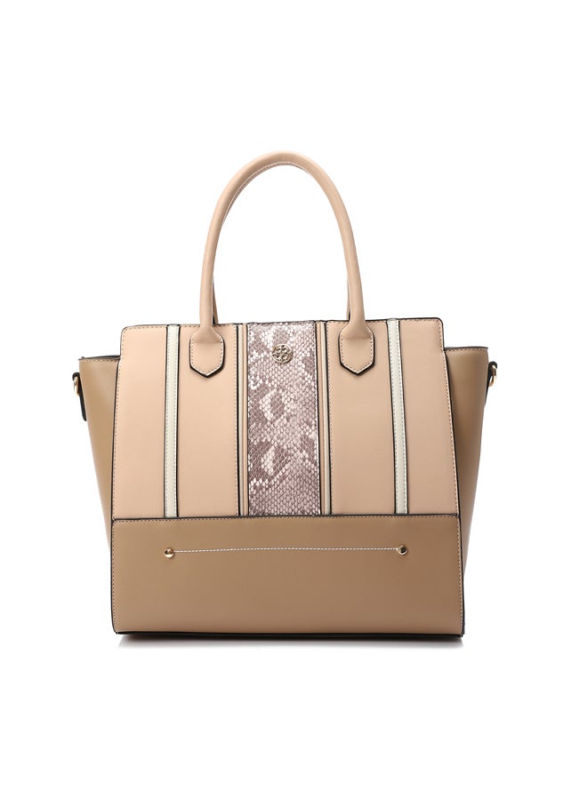 DejaVu Tri-Tone Reptile Top Handle Bag - Nude, Coffee and Beige - Image 5