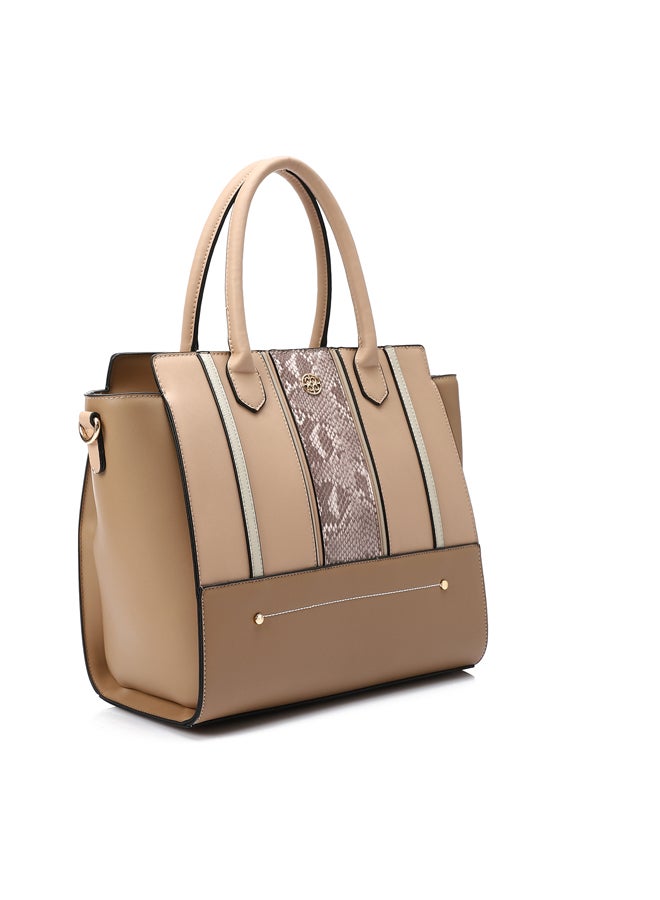 DejaVu Tri-Tone Reptile Top Handle Bag - Nude, Coffee and Beige - Image 1