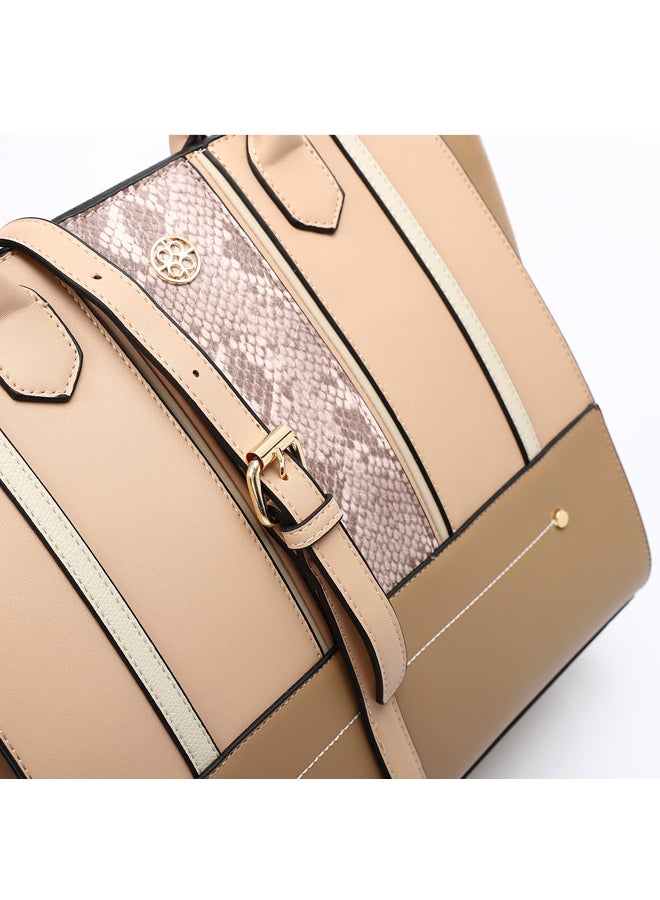 DejaVu Tri-Tone Reptile Top Handle Bag - Nude, Coffee and Beige - Image 3