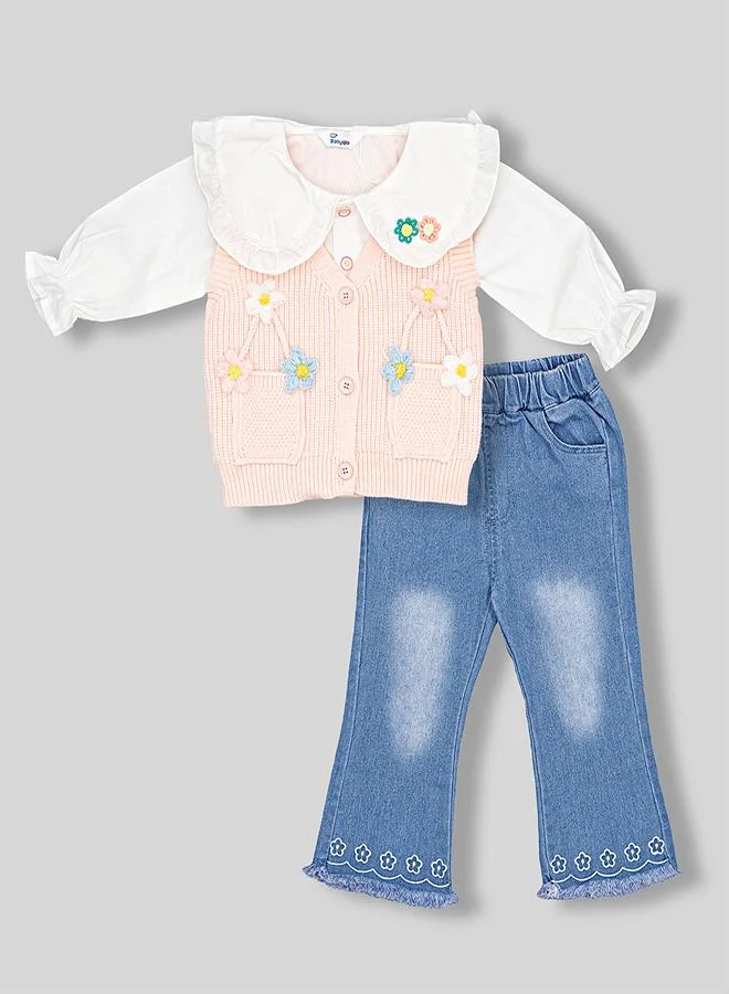 babyqlo Pastel Floral Knit Vest With Bell Jeans