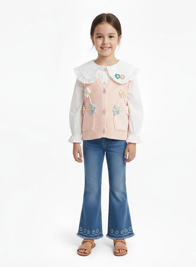 babyqlo Pastel Floral Knit Vest With Bell Jeans