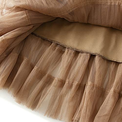 Dirholl Women's A-Line Fairy Patterned Elastic Waist Ruffle Tulle Layered Midi Skirt Tutu B Khaki - Image 4