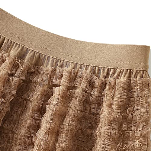 Dirholl Women's A-Line Fairy Patterned Elastic Waist Ruffle Tulle Layered Midi Skirt Tutu B Khaki - Image 2