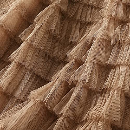 Dirholl Women's A-Line Fairy Patterned Elastic Waist Ruffle Tulle Layered Midi Skirt Tutu B Khaki - Image 3