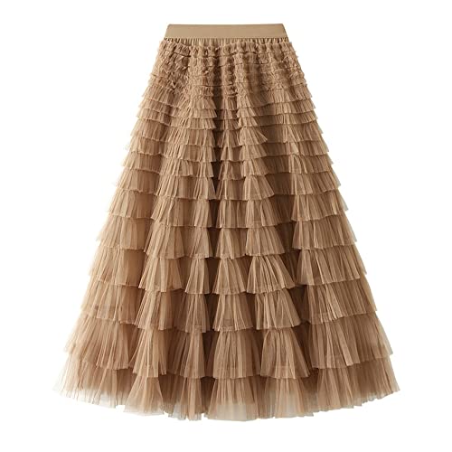 Dirholl Women's A-Line Fairy Patterned Elastic Waist Ruffle Tulle Layered Midi Skirt Tutu B Khaki - Image 1