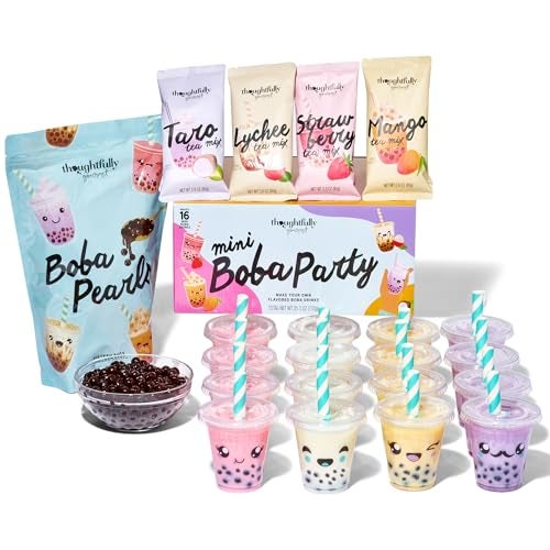 Thoughtfully, Mini Boba Pearl Party Set, Makes 16 Tasting Portions of Bubble Tea, Includes 4 Flavors, Cups, Lids, Straws, & Stickers, Boba Milk Tea Party Kit - Image 1