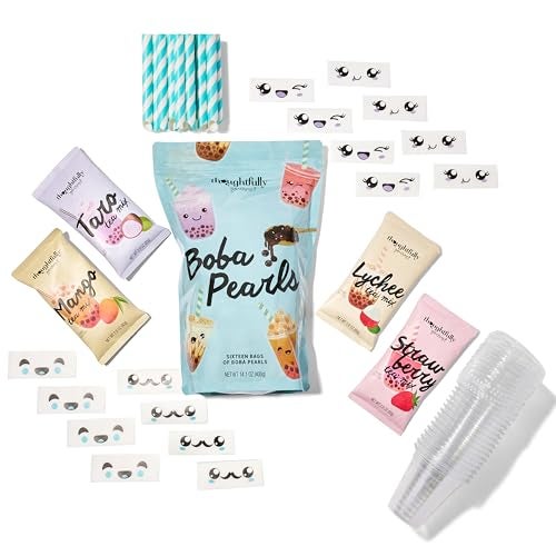 Thoughtfully, Mini Boba Pearl Party Set, Makes 16 Tasting Portions of Bubble Tea, Includes 4 Flavors, Cups, Lids, Straws, & Stickers, Boba Milk Tea Party Kit - Image 2