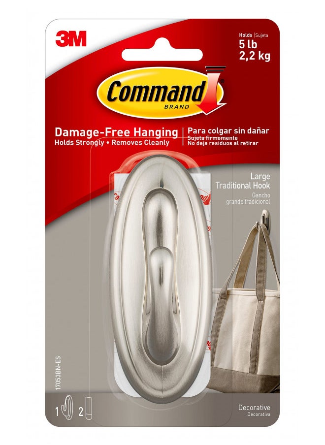 Command Command Large Traditional Plastic Hook, Brushed Nickel, 1-Hook, 2-Strips, Organize Damage-Free 