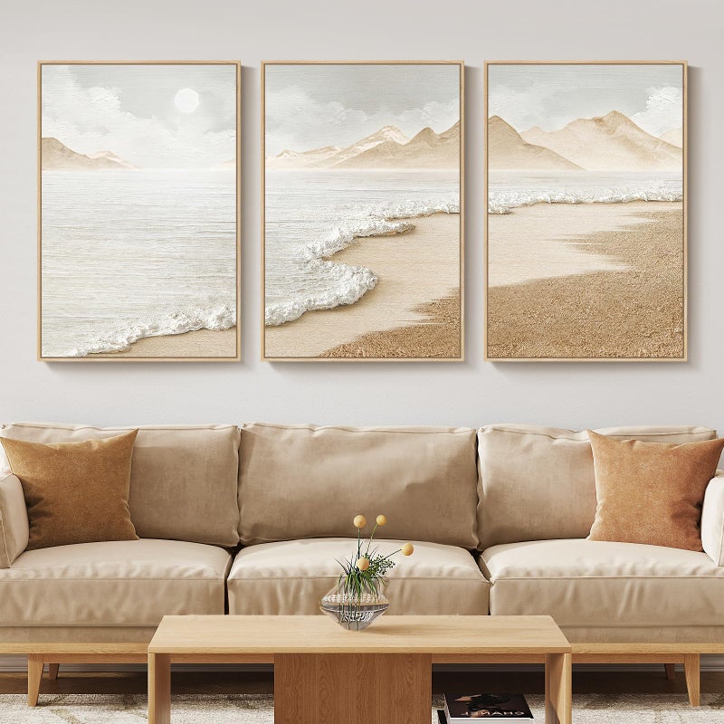 Cuspin Framed Boho Abstract Beach Wall Art for Living Room, Large Neutral Coastal Canvas Prints Artwork for Walls, Set of 3 Piece Modern Minimalist Ocean Picture Print for Hallway Office Wall Decor, 24x36 In - Image 1