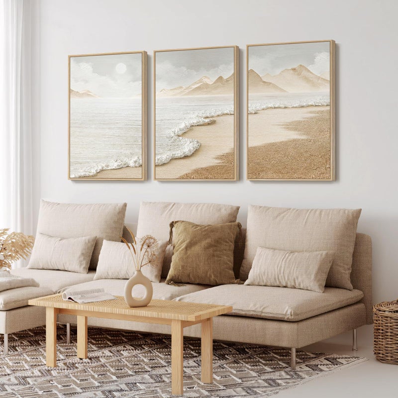 Cuspin Framed Boho Abstract Beach Wall Art for Living Room, Large Neutral Coastal Canvas Prints Artwork for Walls, Set of 3 Piece Modern Minimalist Ocean Picture Print for Hallway Office Wall Decor, 24x36 In - Image 2