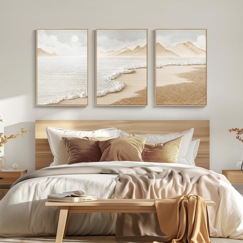 Cuspin Framed Boho Abstract Beach Wall Art for Living Room, Large Neutral Coastal Canvas Prints Artwork for Walls, Set of 3 Piece Modern Minimalist Ocean Picture Print for Hallway Office Wall Decor, 24x36 In - Image 3