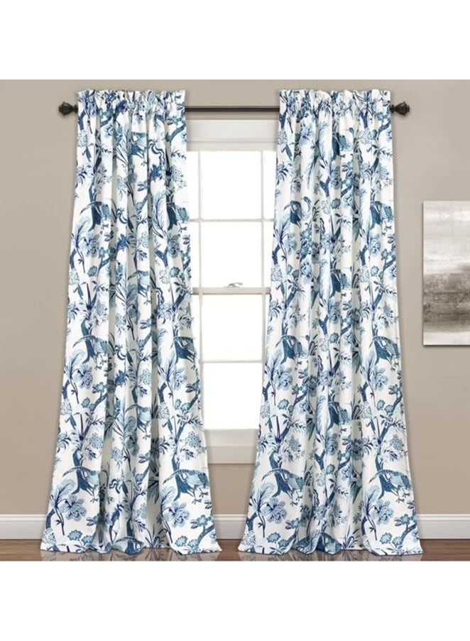 Lush Decor Dolores Light Filtering Window Panels, Pair, 52" W x 84" L, Blue - Toile Curtains - Floral Bird Print - Grandmillennial & French Country Curtains - Cottage & Maximalist Home Decor - Image 1