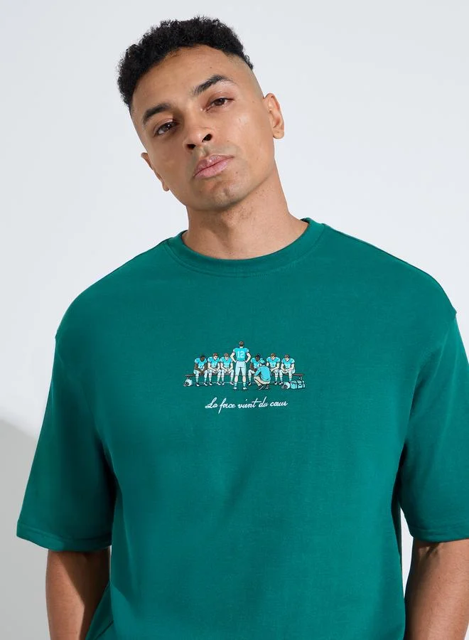 Green Chest Embroidered Crew Neck Oversized T-Shirt