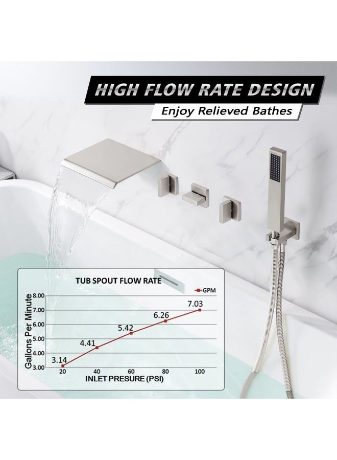sumerain Wall Mount Tub Faucet Brushed Nickel With Hand Shower and Wide Waterfall Spout High Flow Rate, - Image 3