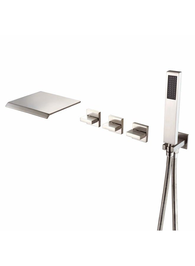 sumerain Wall Mount Tub Faucet Brushed Nickel With Hand Shower and Wide Waterfall Spout High Flow Rate, - Image 1