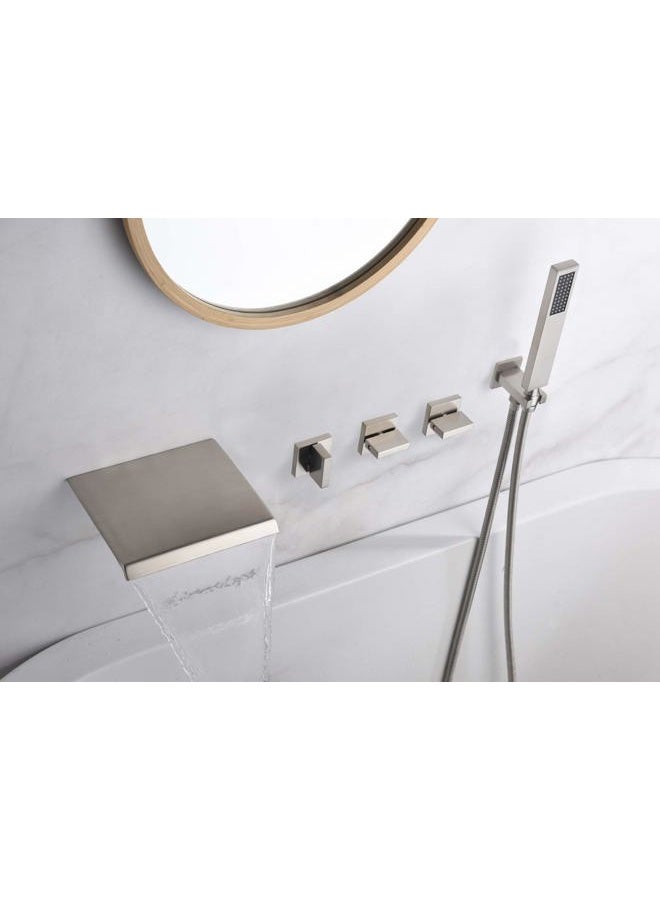 sumerain Wall Mount Tub Faucet Brushed Nickel With Hand Shower and Wide Waterfall Spout High Flow Rate, - Image 4