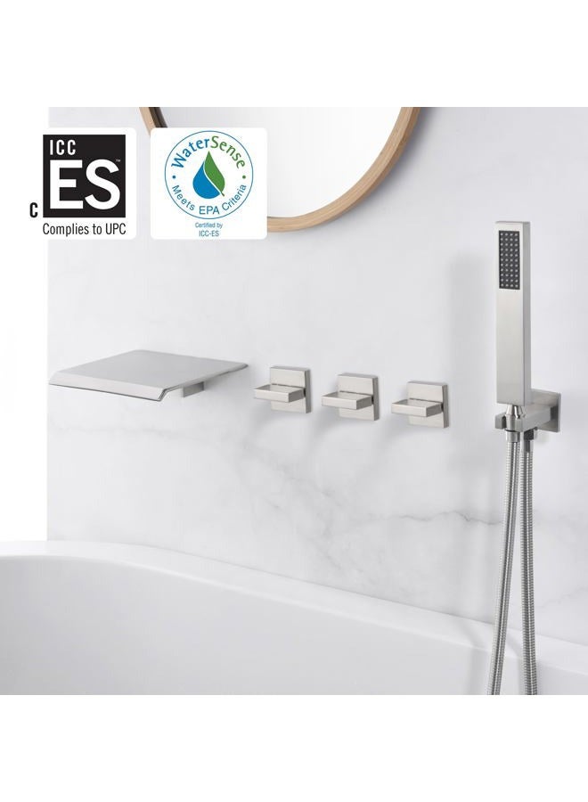 sumerain Wall Mount Tub Faucet Brushed Nickel With Hand Shower and Wide Waterfall Spout High Flow Rate, - Image 2