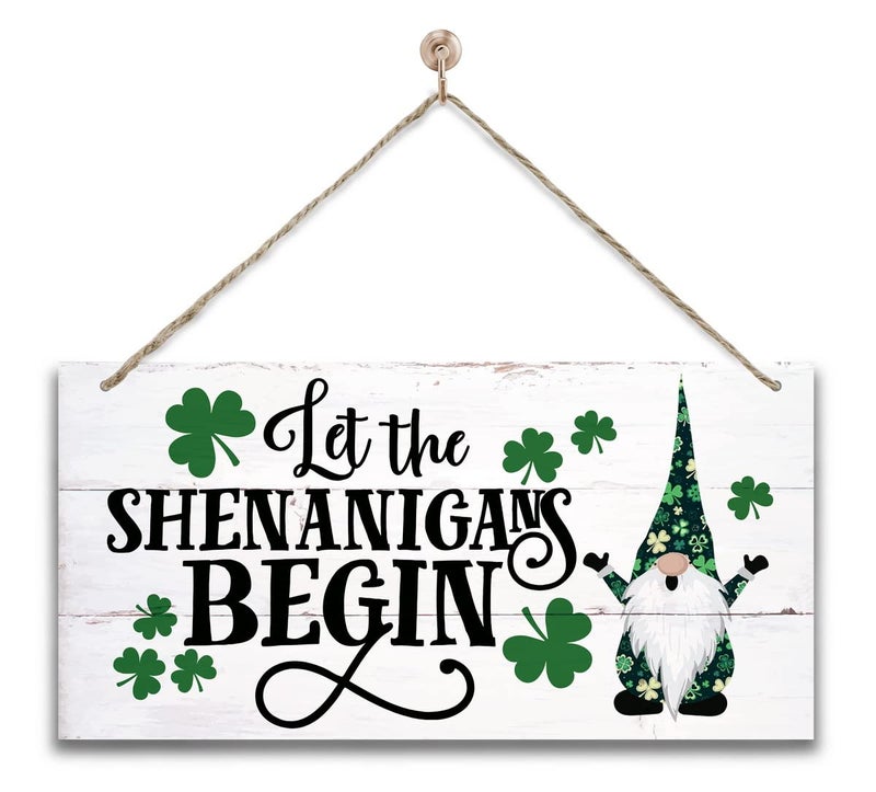 Gkwa St. Patrick's Day Gnome Wood Sign - 'Let the Shenanigans Begin' - Hanging Wall Art, Irish Home Decor - Image 1