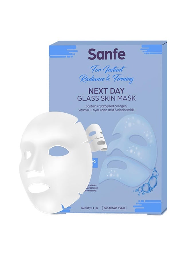 Sanfe Next Day Glass Skin Mask | For deep hydration, firming, pore minimizing, detan & radiance | Turns Transparent, contains hydrolyzed collagen, vitamin C & niacinamide | For all skin type - 1 mask - Image 1