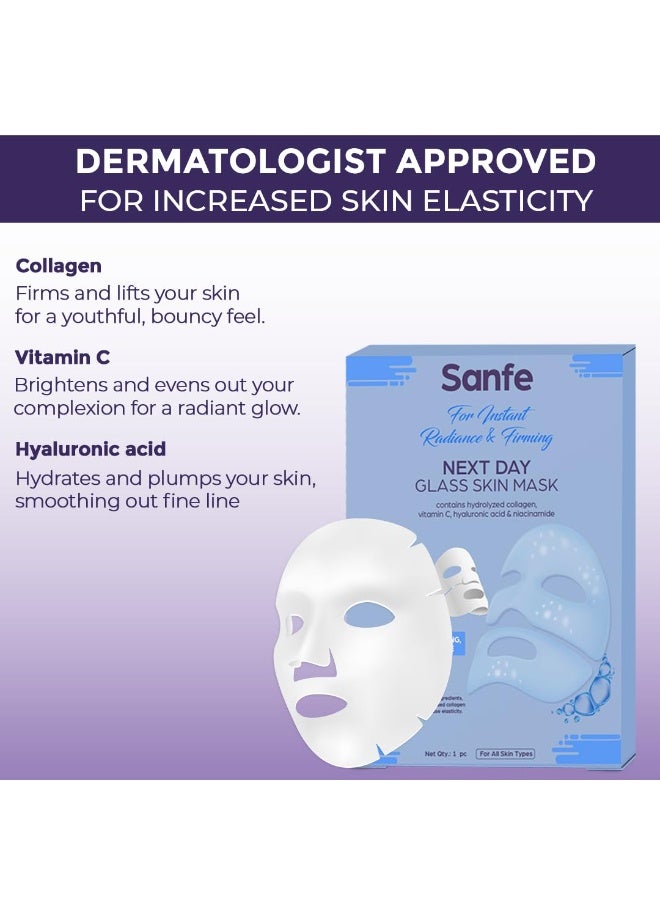 Sanfe Next Day Glass Skin Mask | For deep hydration, firming, pore minimizing, detan & radiance | Turns Transparent, contains hydrolyzed collagen, vitamin C & niacinamide | For all skin type - 1 mask - Image 2