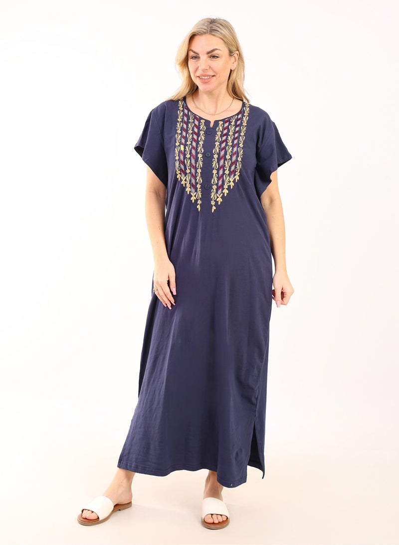 zecotex  Summer Maxi Abaya | Dark blue Embroidered Long Nightgown | Elegant Butterfly Half Sleeves | Viscose Maxi Dress | Lightweight Fabrics for Maximum Comfort | Women's Home wear  - Image 1