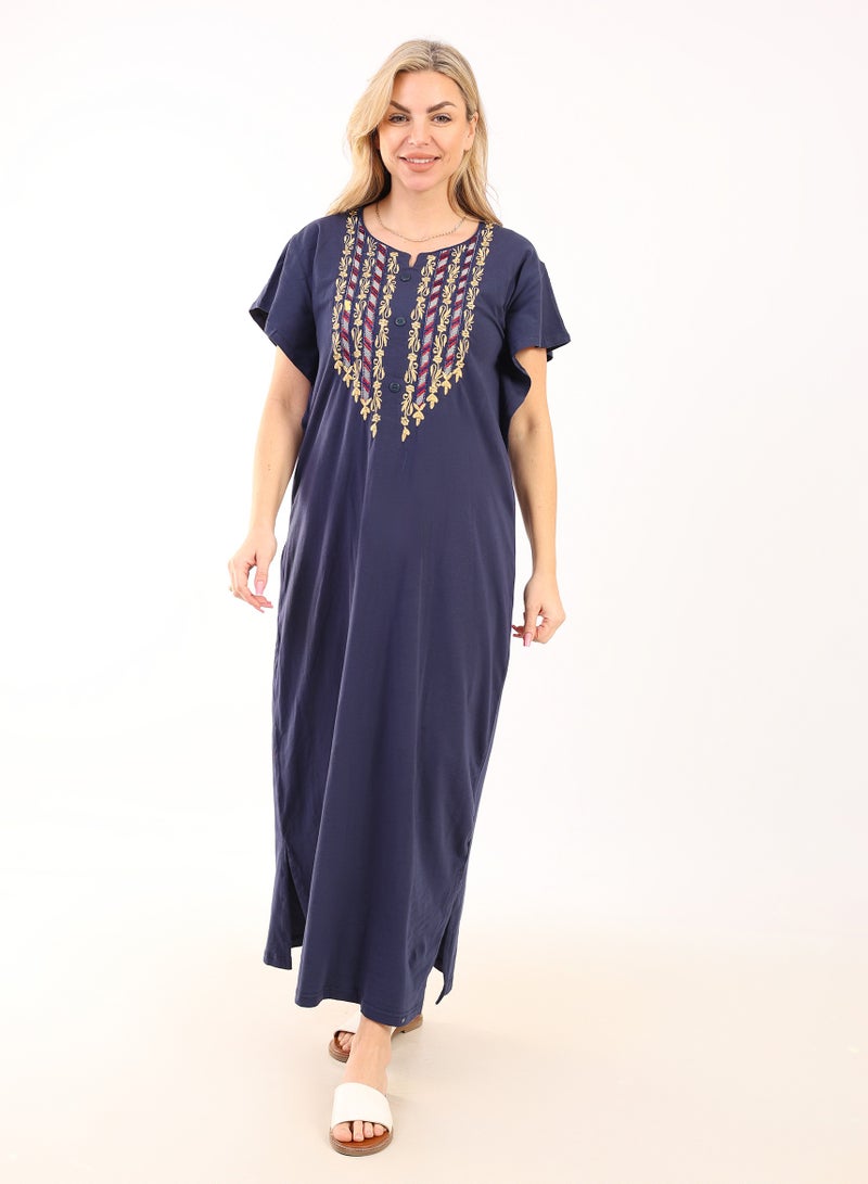 zecotex  Summer Maxi Abaya | Dark blue Embroidered Long Nightgown | Elegant Butterfly Half Sleeves | Viscose Maxi Dress | Lightweight Fabrics for Maximum Comfort | Women's Home wear  - Image 2
