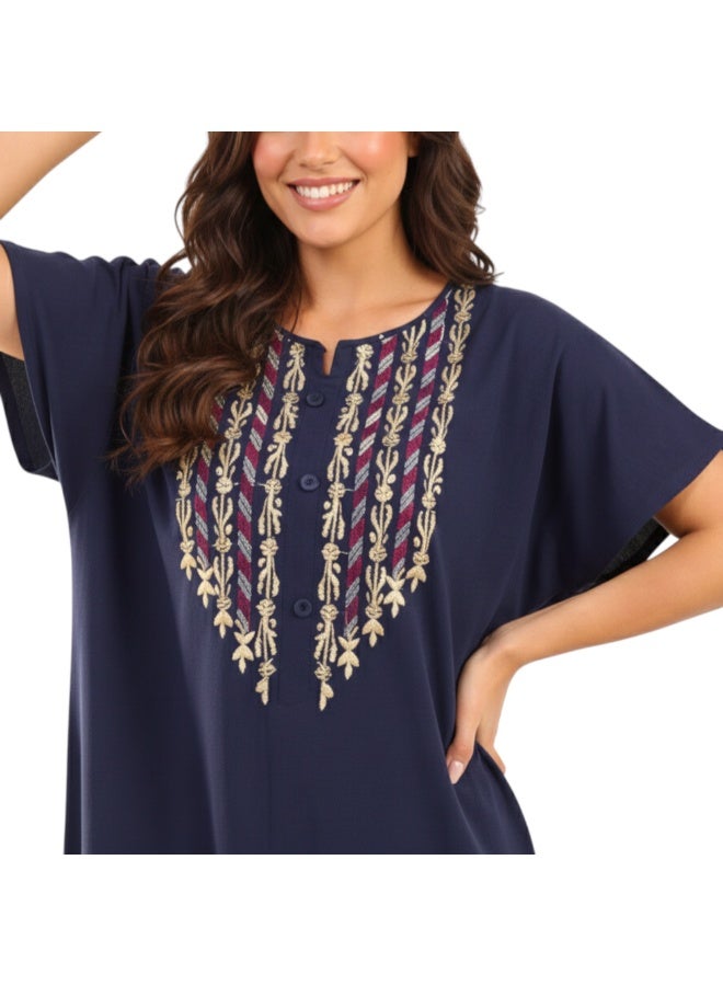 zecotex  Women's Maxi Cotton Home Dress - Navy Blue Long Jalabiya with Intricate Gold & Purple Embroidery. - Image 2