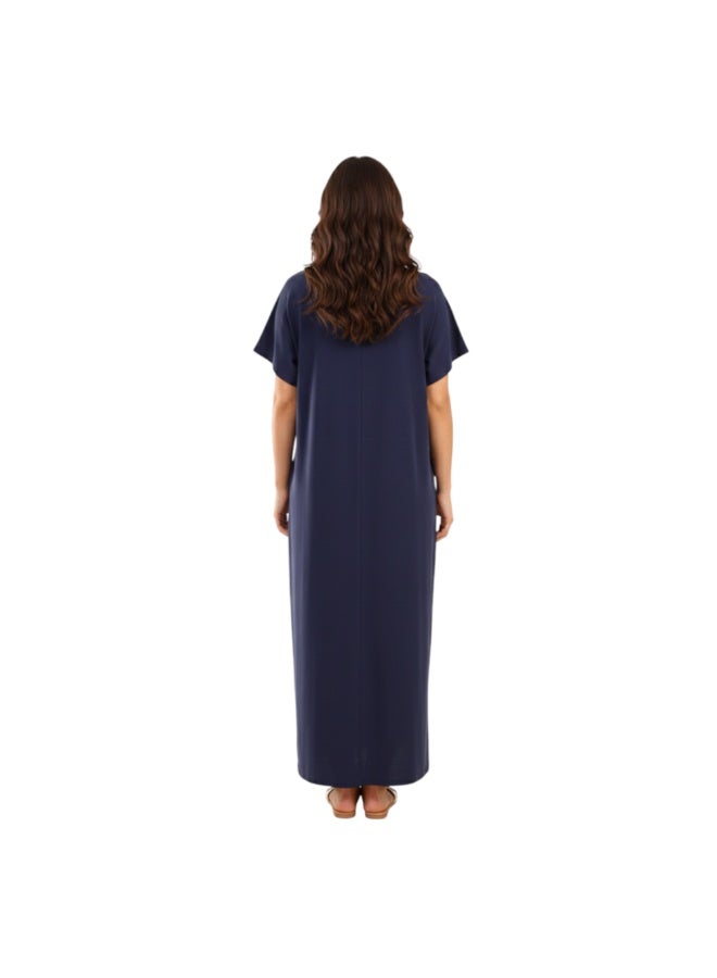 zecotex  Women's Maxi Cotton Home Dress - Navy Blue Long Jalabiya with Intricate Gold & Purple Embroidery. - Image 4