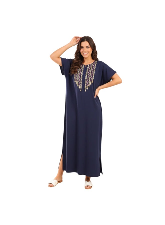 zecotex  Women's Maxi Cotton Home Dress - Navy Blue Long Jalabiya with Intricate Gold & Purple Embroidery. - Image 1