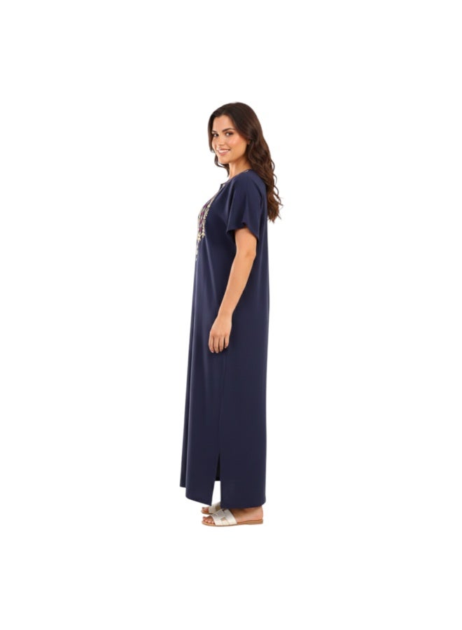 zecotex  Women's Maxi Cotton Home Dress - Navy Blue Long Jalabiya with Intricate Gold & Purple Embroidery. - Image 3