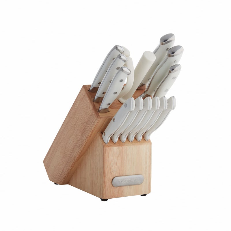 Farberware 15Piece Forged Triple Rivet Knife Block Set RazorSharp Kitchen Knife Set with Wood Block HighCarbon Stainless Steel White