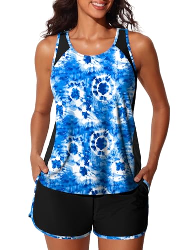 Summer Mae Blouson Tankini Swimsuits for Women 2025 Tummy Control Two Piece Bathing Suits with Sporty Pockets Swim Shorts Blue Tie-Dye Size 14 - Image 1